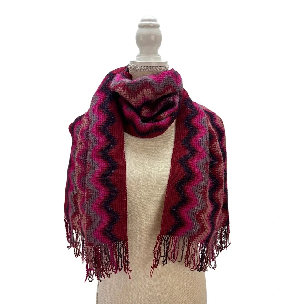 Missoni Foulard‎ Wool Mohair Blend Pink Chevron Fringe Scarf Vibrant Lightweight